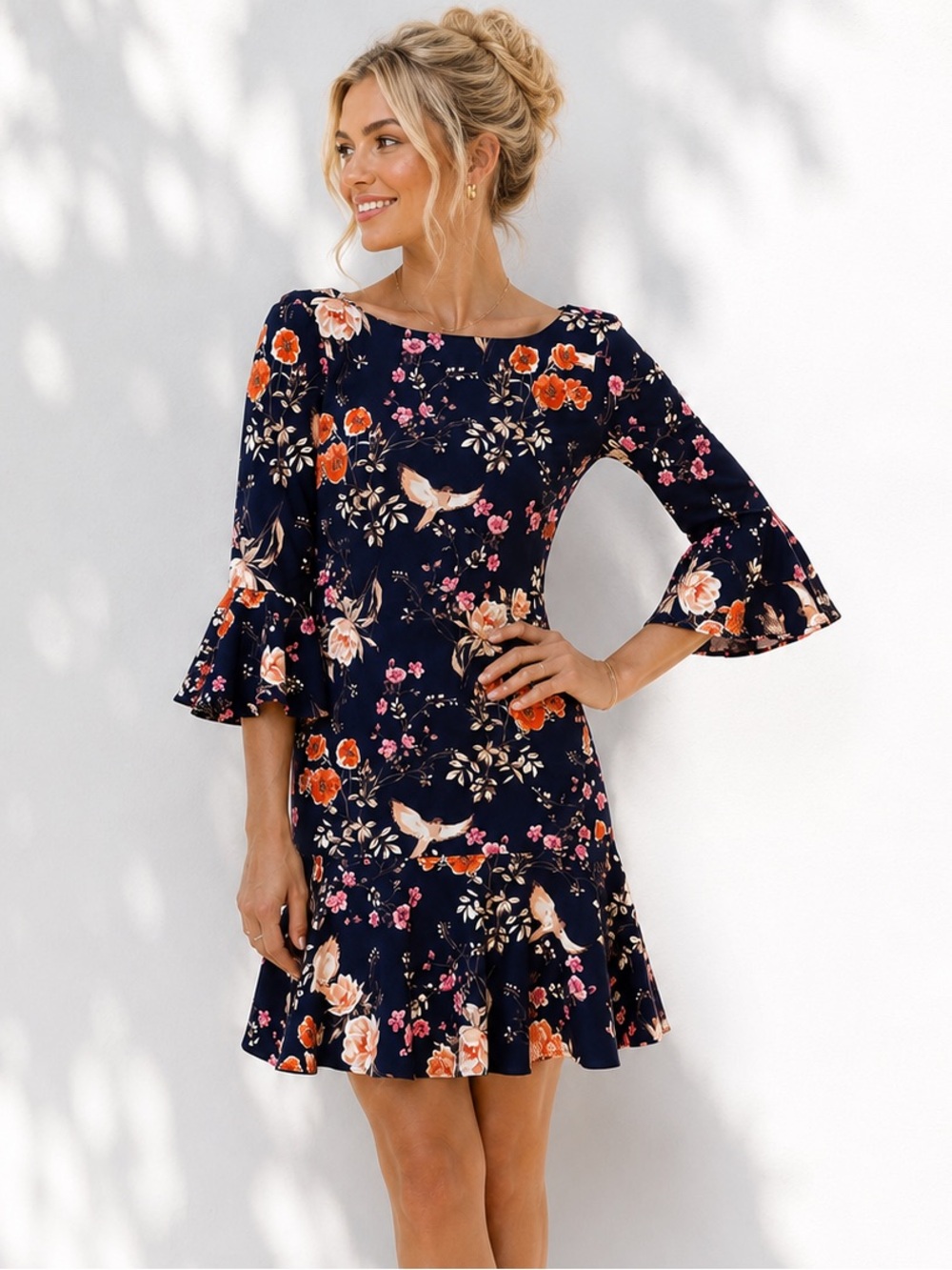 Eliza J Size 10 Navy Floral Bird Print Bell Sleeve Fit & Flare Dress EUC